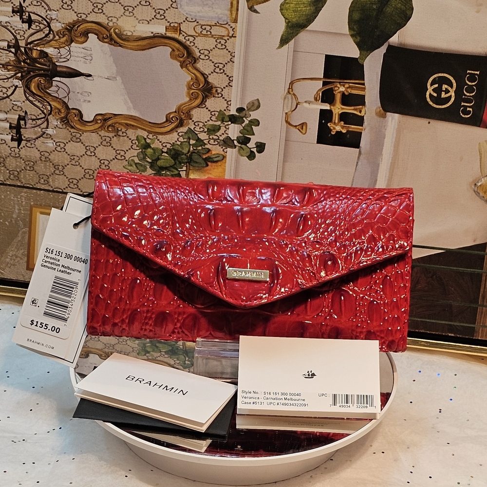 Brahmin Veronica Melbourne Crocodile Embossed  Red Carnation Clutch/Wallet